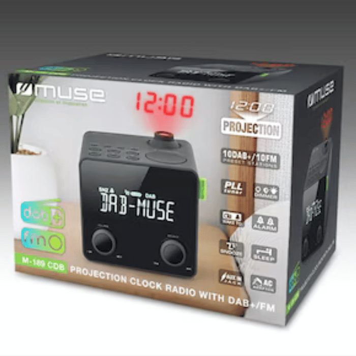 Muse Projection Clock Radio – CDB/DAB+, 20 Presets, Clock, Aux