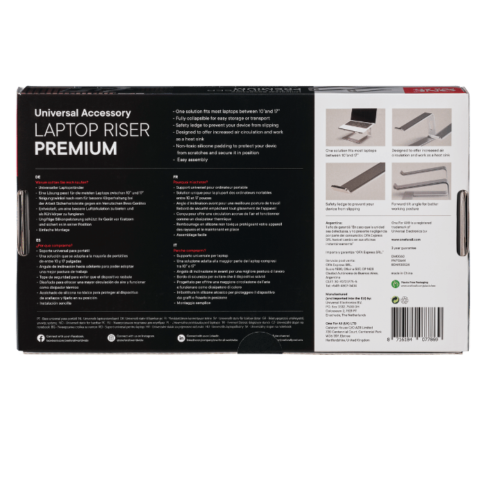 One For All Premium Laptop Riser – 10”-17”, Anti-Scratch, Silver