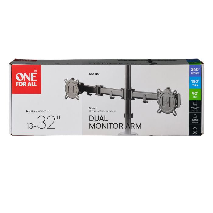 One For All Dual Monitor Arm – 13"-32", Adjustable Height, Black