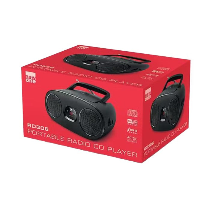 New One RD306 CD Boombox Radio, Portable, FM, Black