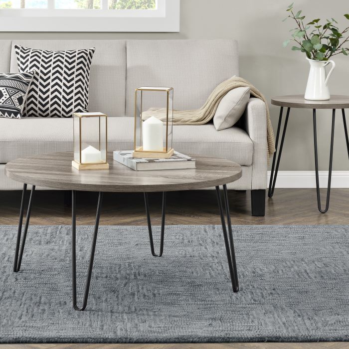 Dorel Owen Round Coffee Table - Grey Oak, Hairpin Legs