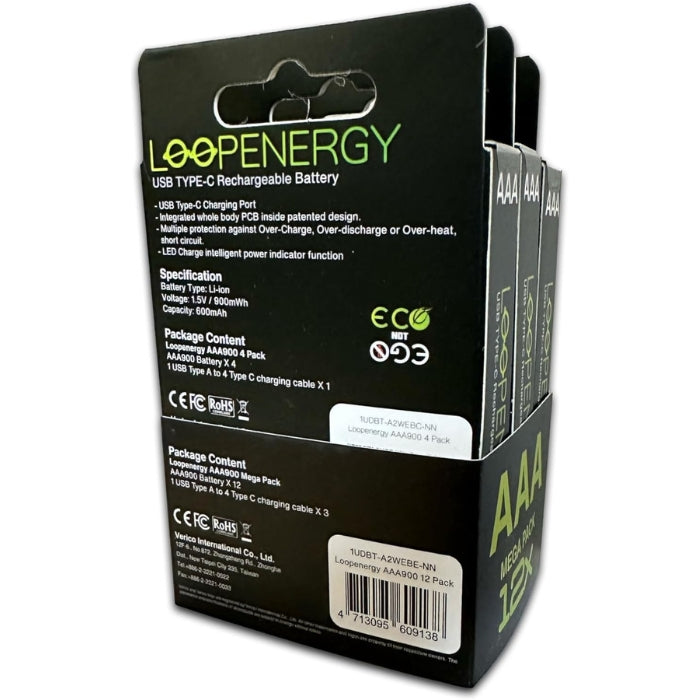 LoopEnergy 8-Pack AAA Rechargeable Batteries, USB-C Charging
