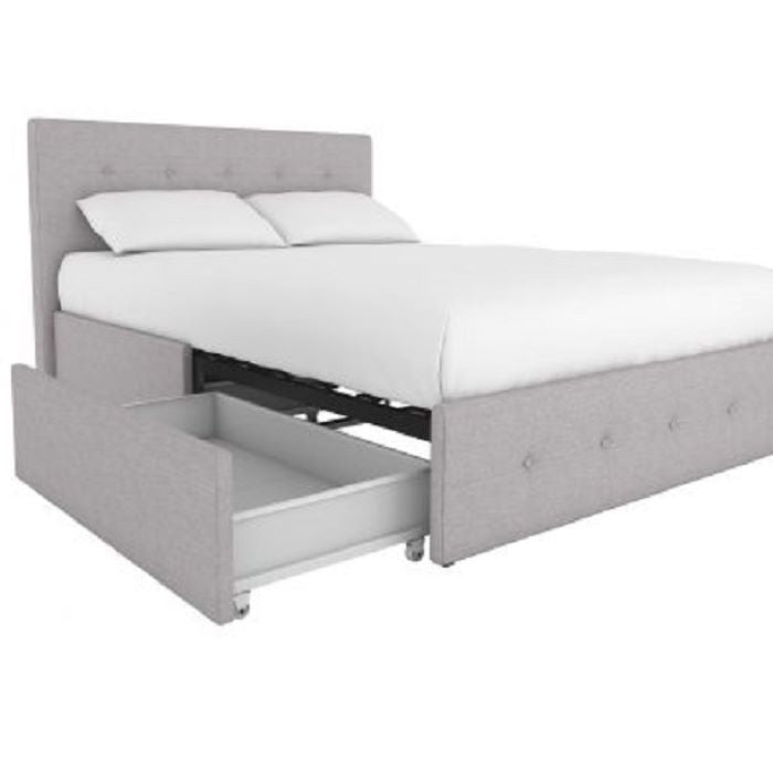 Rose Linen Upholstered Double Bed with Storage – Light Grey