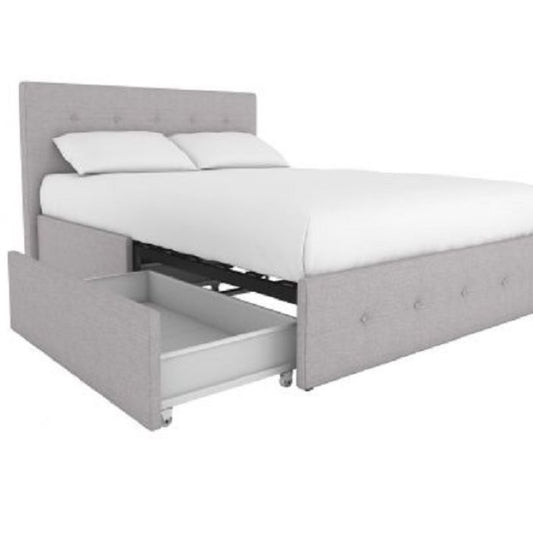 Rose Linen Upholstered Double Bed with Storage – Light Grey