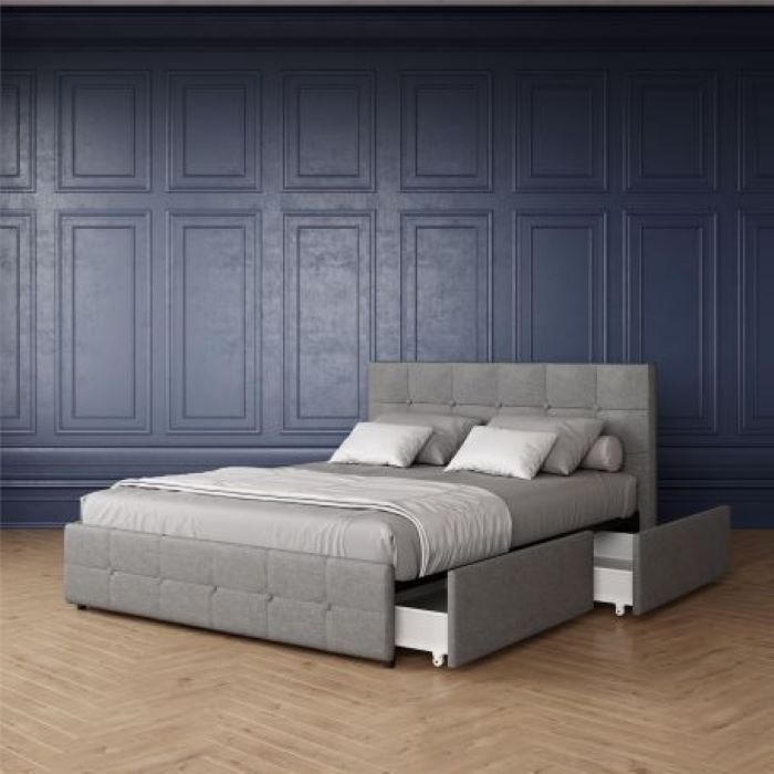 Rose Linen Upholstered King Size Bed with Storage – Light Grey