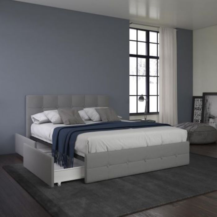 Rose Linen Upholstered King Size Bed with Storage – Light Grey