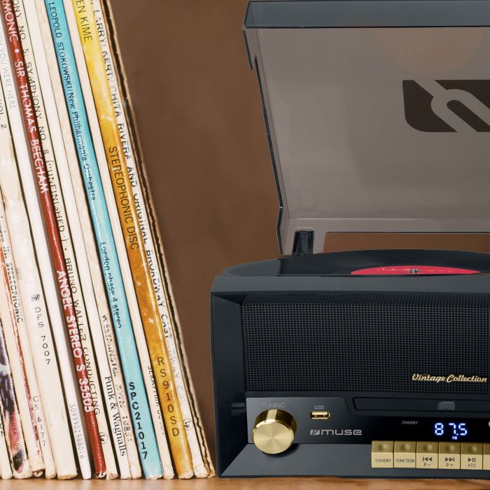 Muse 6-in-1 Turntable Micro System, Bluetooth, USB, 20W – Black