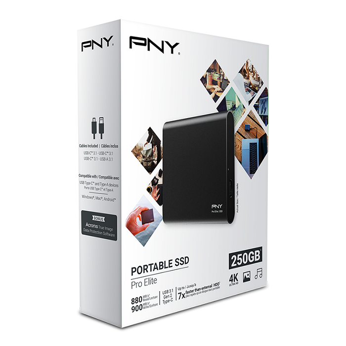 PNY Pro Elite 250GB USB 3.1 Gen 2 Type-C SSD, Portable - Black