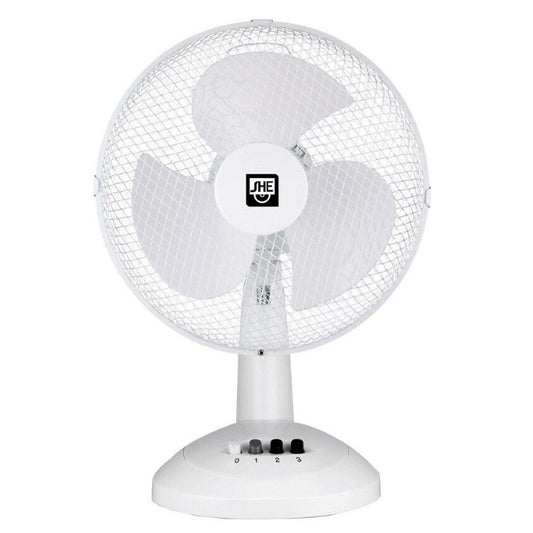 SHE 30cm Table Fan – 3 Speeds, Swivel, Quiet, White