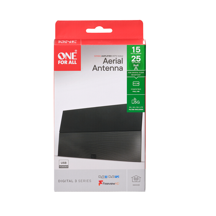 One For All Indoor Amplified Antenna – DVB-T/T2, Full HD, 25km