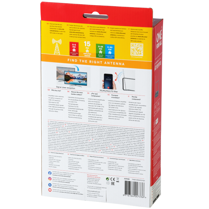 One For All Indoor Antenna, DVB-T/T2, Amplified 36dB Gain