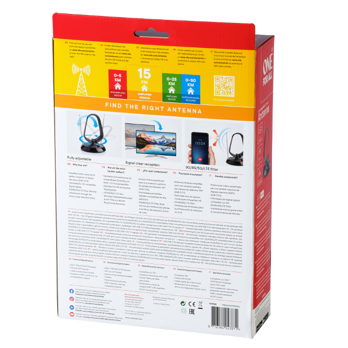 One For All Indoor Antenna, DVB-T/T2, Amplified 42dB Gain