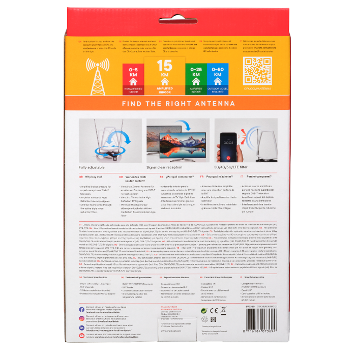 One For All Amplified Antenna, Indoor, DVB-T/T2, 45dB Gain