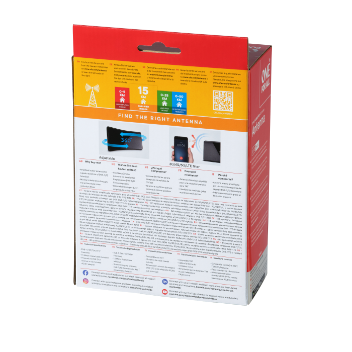 One For All Digital Antenna, Indoor, DVB-T/T2, Amplified, 15km
