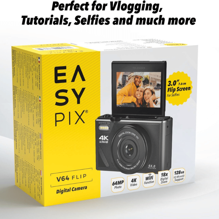 Easypix V64 Flip Digital Camera with Flip Screen, 3.0" Flip Screen, Up to 64MP Resolution, 18x Digital Zoom, WiFi - 20203