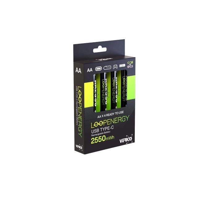 LoopEnergy AA Rechargeable 4-Pack, 1.5V, USB-C Cable Included