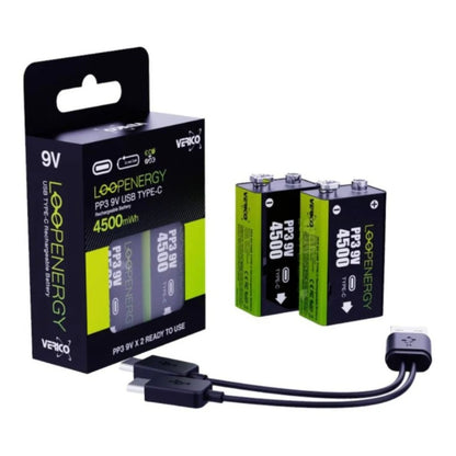 LoopEnergy 9V Rechargeable Battery 2-Pack with USB-C Cable