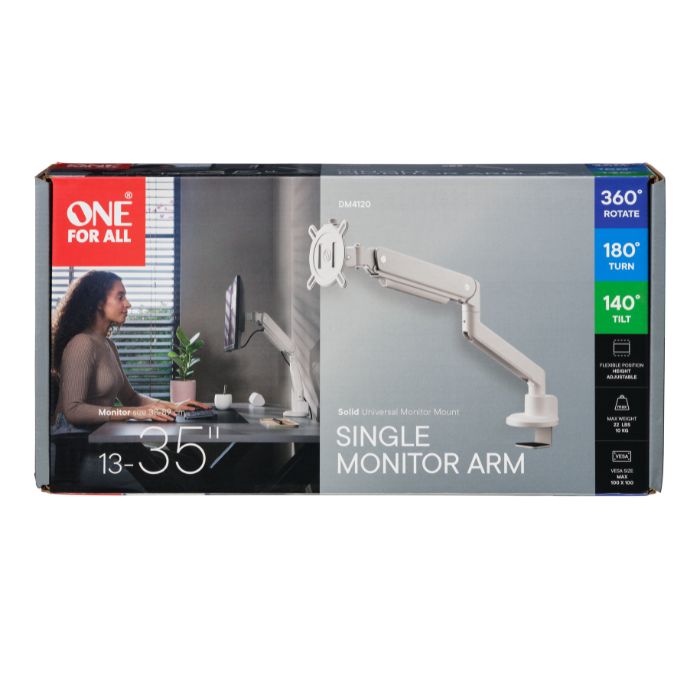 One For All Monitor Arm Solid Line Single, 13” to 35” monitors, cable management, Adjustable height,  White - DM4120