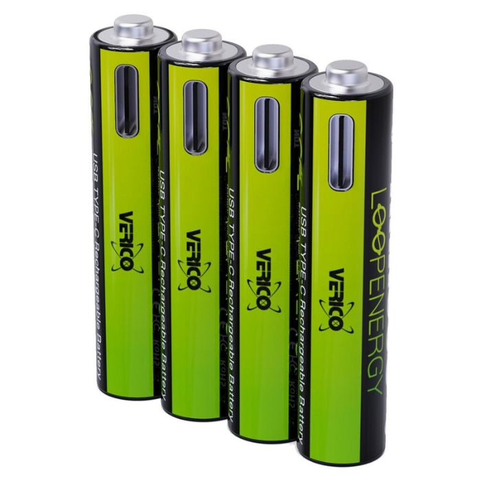 LoopEnergy Rechargeable AAA 4-Pack, 1.5V, USB-C Cable Included