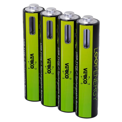LoopEnergy Rechargeable AAA 4-Pack, 1.5V, USB-C Cable Included