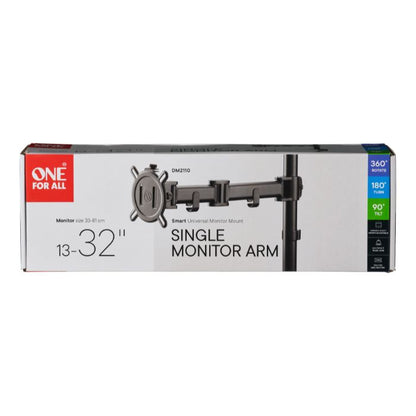 One For All Monitor Arm Smart Line Single, 13” to 32” monitors, 2 mounting options, Adjustable height, Black - DM2110