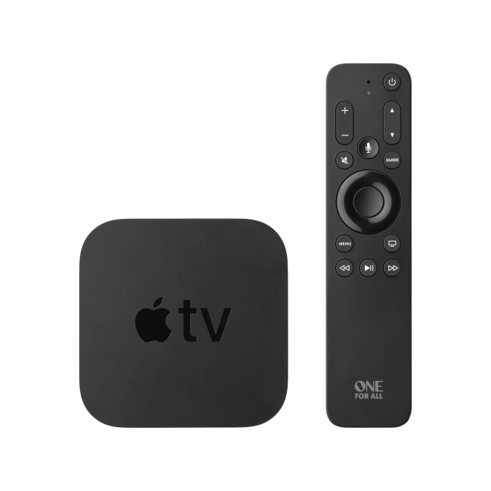 One for All Apple TV Replacement Remote, 3-device support (TV, Apple TV, Audio), IR/BT, Siri Voice Control, Backlit Keys - URC1110