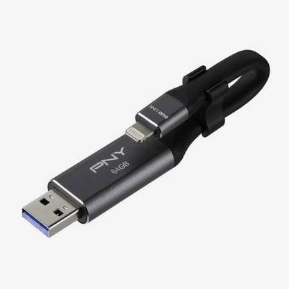 PNY Duo-Link 3.0 64 GB Mobile Data Storage for iOS, Play music or video directly from DUO-LINK, USB Type A connector, FREE UP SPACE on iPhone/iPad - P-FDI64GLA02GCRB