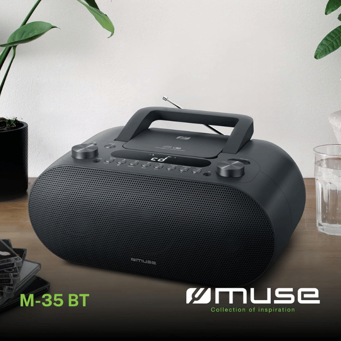 Muse CD Player Bluetooth, FM Radio, MP3 Player, USB, Mains and Battery Operated, Portable, 3.5mm Aux in jack, LCD display, Black - M-35BT