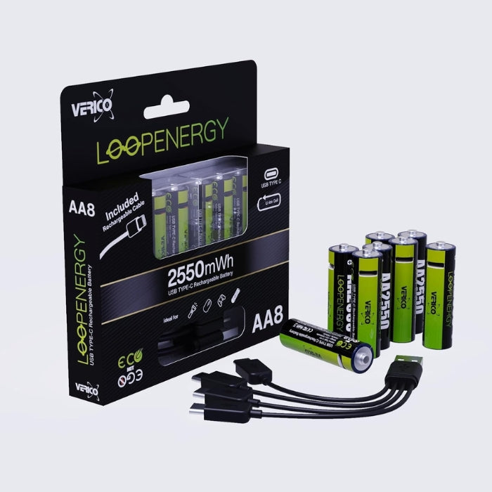LoopEnergy AA Rechargeable 4-Pack, 1.5V, USB-C Cable Included