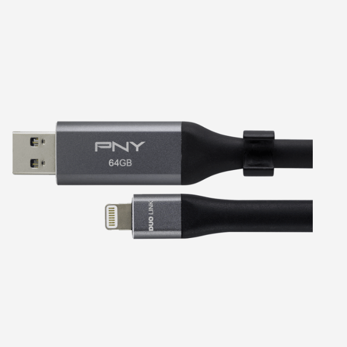 PNY Duo-Link 3.0 64 GB Mobile Data Storage for iOS, Play music or video directly from DUO-LINK, USB Type A connector, FREE UP SPACE on iPhone/iPad - P-FDI64GLA02GCRB