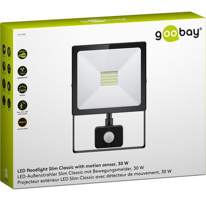 Goobay LED floodlight, 30 W, Slim Classic, with motion sensor, 30 W, black, 0.15 m - 39013