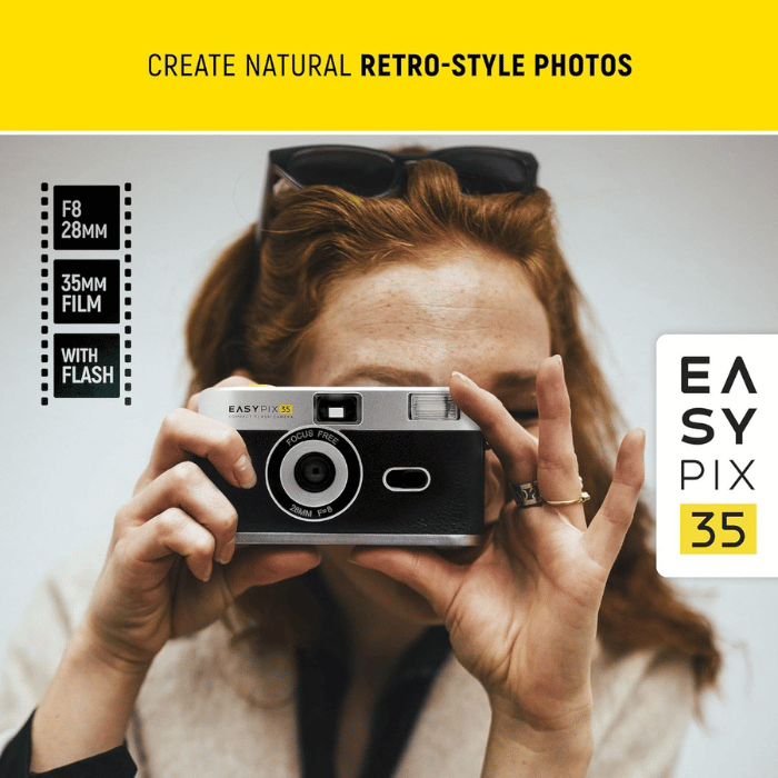 Easypix 35 Reloadable Compact Film Camera, Built-in flash, Reusable, 33mm Retro Style Color & Black/White Film type, Analog, Black and Silver - 10091