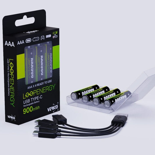 LoopEnergy Rechargeable AAA Battery 4-Pack, 1.5 Volt, 900mWh (600mAh), USB Cable included - 1UDBT-A2WEBC-NN