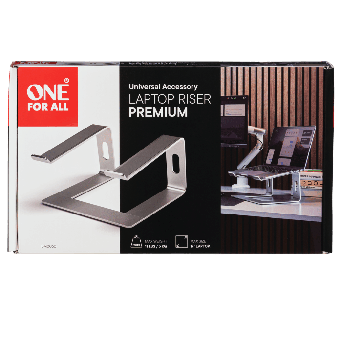 One For All Premium Laptop Riser Aluminium, 10” to 17” laptops, Anti-scratch padding, Silver - DM0060