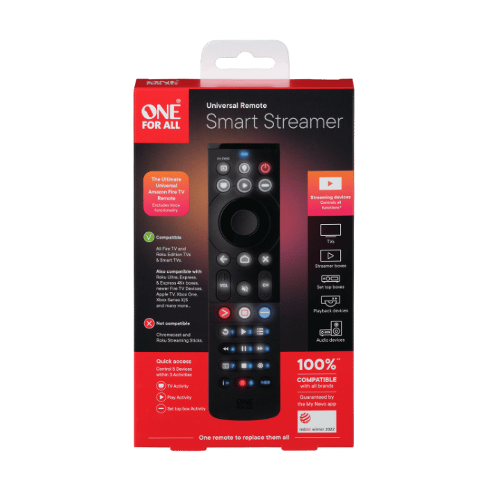 One For All Smart Streamer Remote Control IR/BT, Control up to 5 devices, Shortcut for Streaming Apps - Black - URC7945