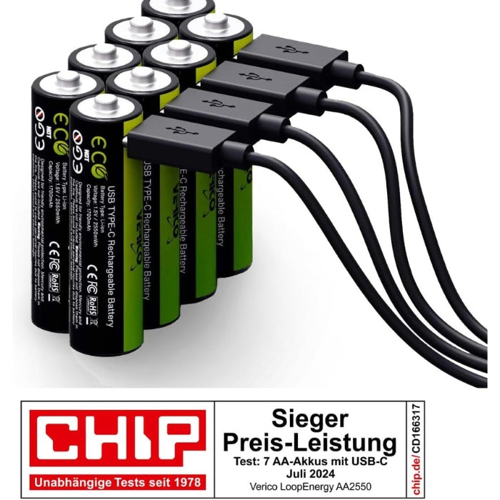 LoopEnergy AA Rechargeable 4-Pack, 1.5V, USB-C Cable Included