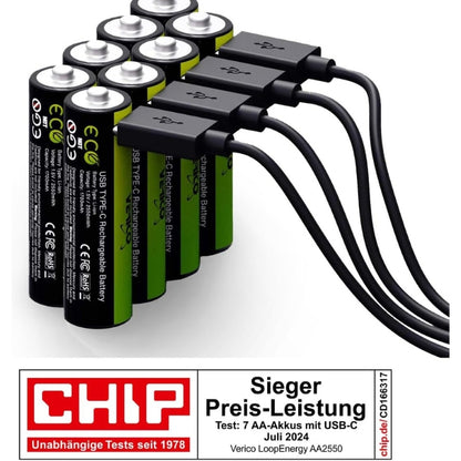 LoopEnergy AA Rechargeable 4-Pack, 1.5V, USB-C Cable Included