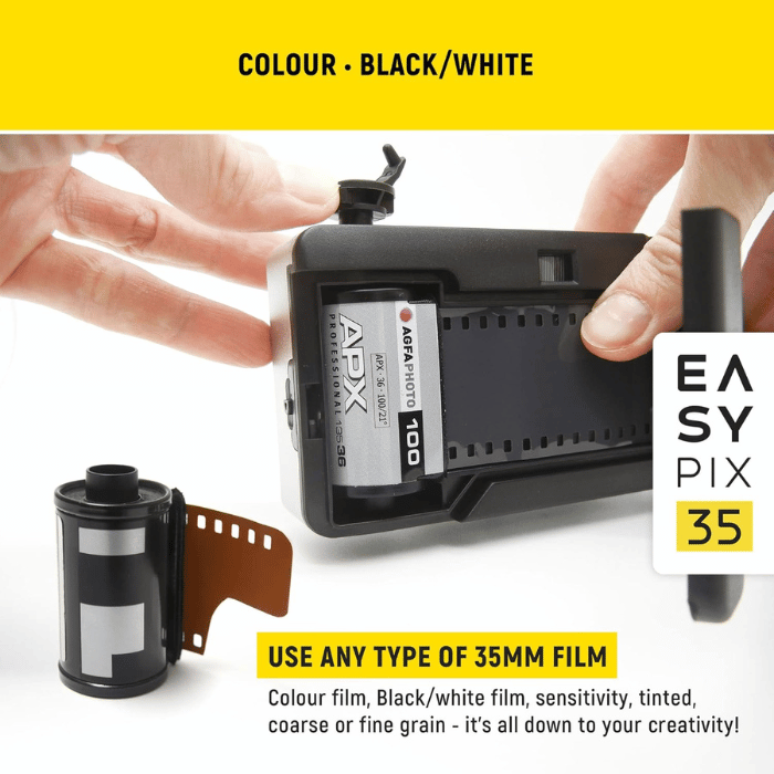 Easypix 35 Reloadable Compact Film Camera, Built-in flash, Reusable, 33mm Retro Style Color & Black/White Film type, Analog, Black and Silver - 10091