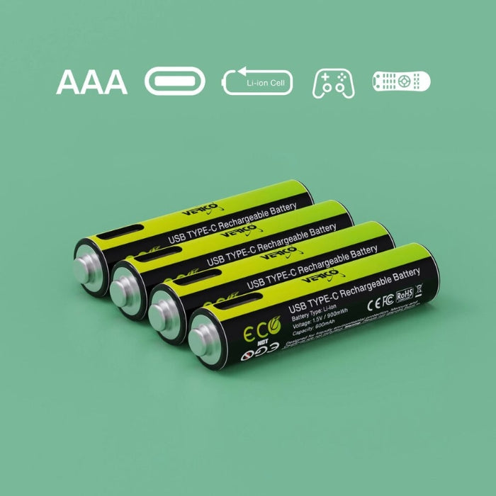 LoopEnergy Rechargeable AAA 4-Pack, 1.5V, USB-C Cable Included