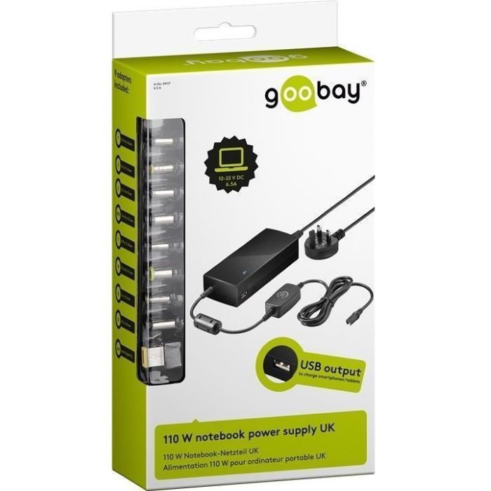 Goobay Universal Laptop Power Supply, 110w 12-24v with 9 DC and USB adapter - 59117