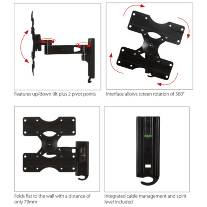 B-Tech Ventry Flat Screen Wall Mount with Single Arm, +/-15° Tilt & 180° Swivel,  Screen Size up to 47", Max Load 25kg, VESA 200x200 - BTV503