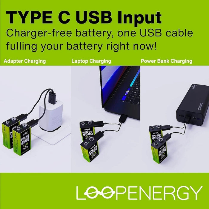 LoopEnergy 9V Rechargeable Battery 2-Pack with USB-C Cable