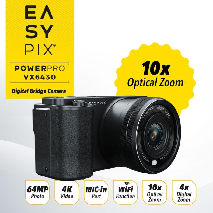 EASYPIX PowerPro VX6430 Bridge Camera – 64MP, 10x Zoom, 4K Video