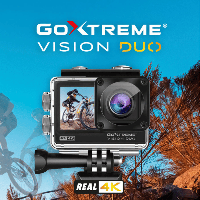 GoXtreme Vision DUO, Real 4K Ultra HD Action Cam, 30fps Videos, Dual Display: 1.3″ Front Display + 2.0″ Touch Screen, Waterproof up to 30m, Diving and Dashcam Mode - 20161