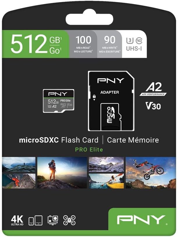 PNY microSD Pro Elite Class 10 / UHS-I U3, A2, V30, up to 90MB/s | 512GB - P-SDUX512U3100PRO-GE