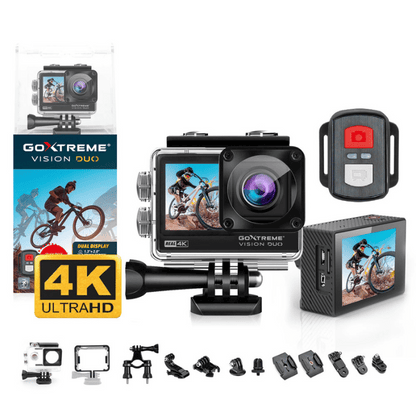 GoXtreme Vision DUO, Real 4K Ultra HD Action Cam, 30fps Videos, Dual Display: 1.3″ Front Display + 2.0″ Touch Screen, Waterproof up to 30m, Diving and Dashcam Mode - 20161