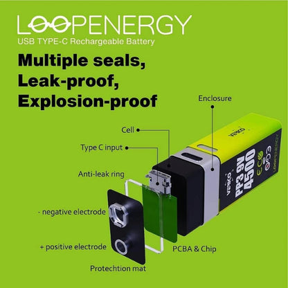 LoopEnergy 9V Rechargeable Battery 2-Pack with USB-C Cable
