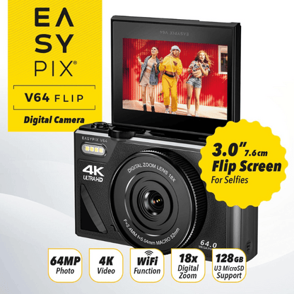 Easypix V64 Flip Digital Camera with Flip Screen, 3.0" Flip Screen, Up to 64MP Resolution, 18x Digital Zoom, WiFi - 20203