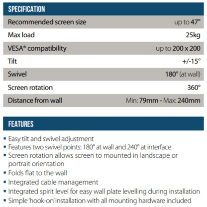 B-Tech Ventry Flat Screen Wall Mount with Single Arm, +/-15° Tilt & 180° Swivel,  Screen Size up to 47", Max Load 25kg, VESA 200x200 - BTV503