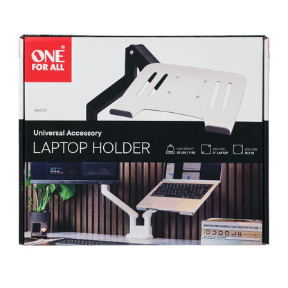 One For All Universal Laptop Holder, 10” to 17” laptops, Safety ledge, Safety strap, Silver - DM0010